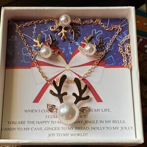 Reindeer Pearl Necklace and Earrings Set-Christmas Jewelry Gift Set Gold Tone